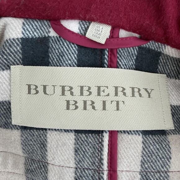 Burberry Brit Blackwell Coat Womens 8 Pink Wool Duffle Toggle Hooded Fur Trim - Picture 13 of 16